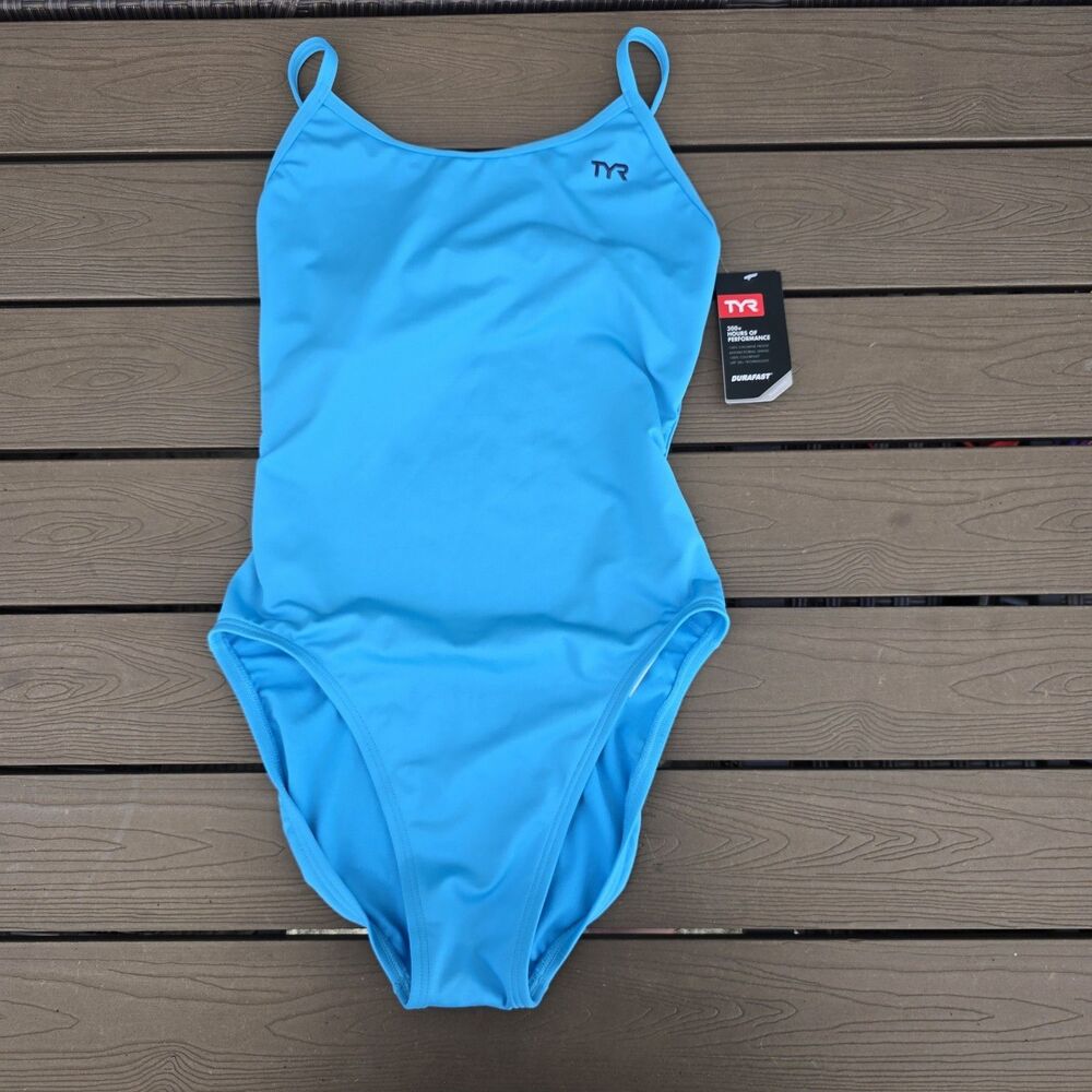 TYR Womens Durafast Elite Blue Pool Trinityfit one Piece Swim Sz 32 New